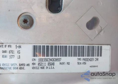 2004 Dodge Neon Sxt z USA, uszkodzony, nr VIN 1B3ES56C94D630937